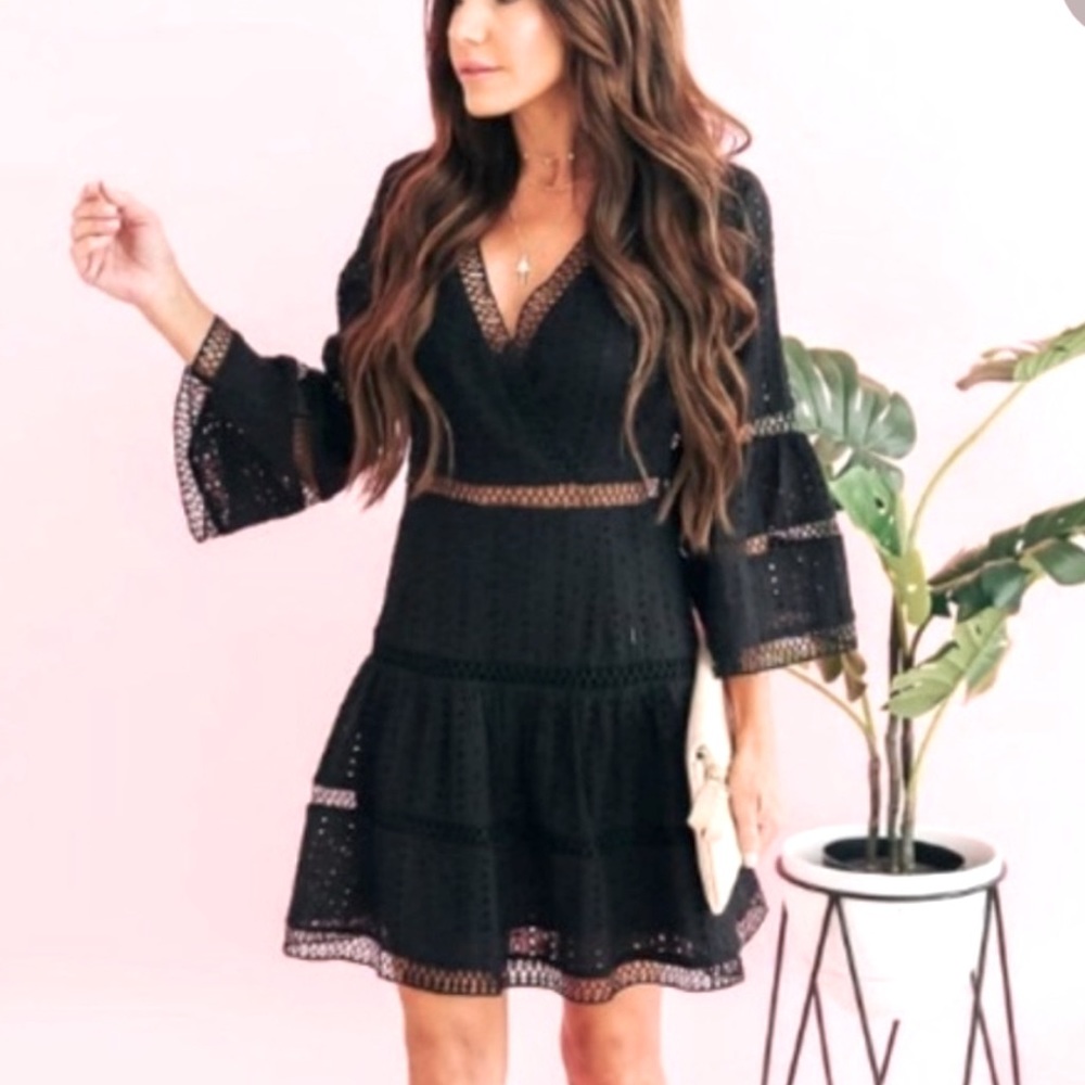Vici - Black bell sleeve eyelet dress.